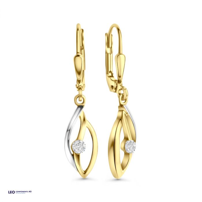 earring polished bicolor 6,4x16,5mm with zirconia (earring: 8x15mm) / gold 